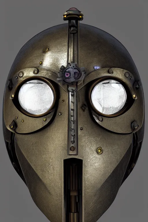 Image similar to steampunk mask minimalist fantasy art robot ninja helmet, global illumination ray tracing hdr fanart arstation by sung choi and eric pfeiffer and gabriel garza and casper konefal radiating a glowing aura