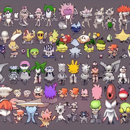 Image similar to zoomed in sprite sheet, collection of cute pokemons, anime, illustration, character concept art, character modeling, each sprite is a different character, full page grid sprite sheet, science fiction, rich colors