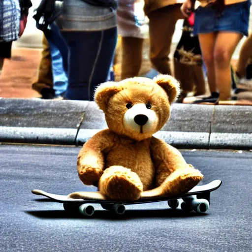 Image similar to a Teddy Bear on a skateboard in central new York law angle telephoto trending on 500px