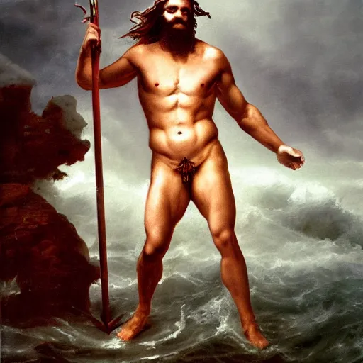 Image similar to poseidon standing at center frame holding a trident, with his back turned to the camera, a storm ahead, high res, oil painting, realistic, water, greek god, epic composition, masterpiece, award winning, low exposure