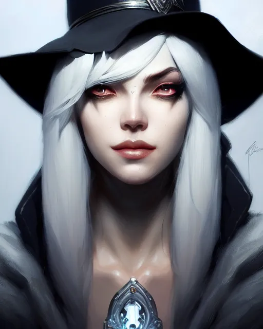 Image similar to ashe from overwatch, white hair, black hat, character portrait, portrait, close up, concept art, intricate details, highly detailed by greg rutkowski, michael whelan and gustave dore