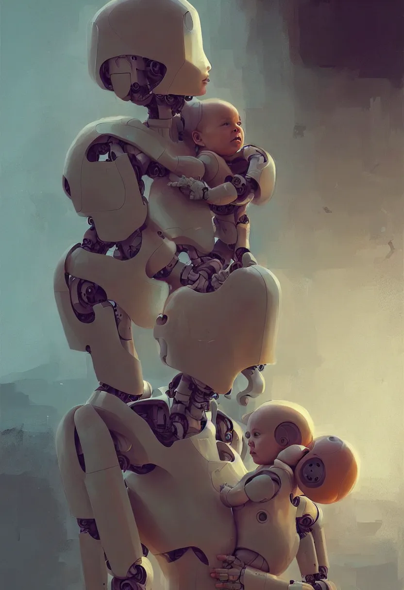 Image similar to female robot, holding young baby, dystopian, future, digital painting, concept art, golden ratio, rule of thirds, by wlop and stalenhag