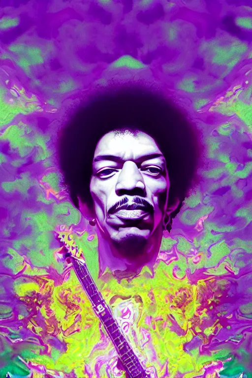 Prompt: A Weirdcore Mesmerizing 8k hyperrealistic Photo Portrait of Jimi Hendrix, floating in purple iridescent mycelum solarpunk cathedral, surrounded by purple haze, By Ayami Kojima, Daytoner, Greg Tocchini, James Jean,Yoshitaka Amano. Subsurface scattering. Octane Render.