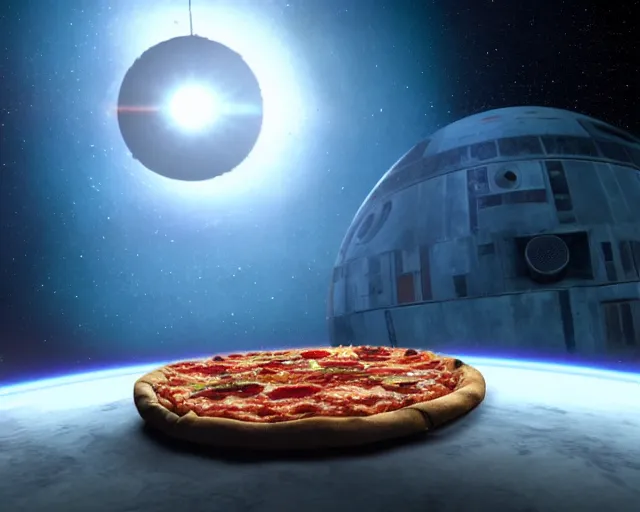 Image similar to a single slice of pizza spaceship in orbit over a single planet space starwars 3 d render starwars clonewars 4 k atmospheric cinematic shot octane render high definition