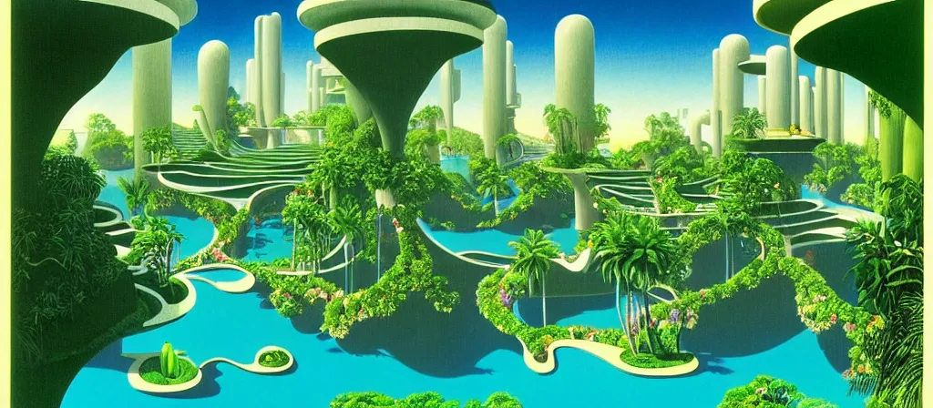 Image similar to huge gargantuan angular dimension of infinite poolrooms, buildings by escher and ricardo bofill. utopian landscape by roger dean. magical realism, surrealism, lush tropical jungle, waterfalls, clouds, mallsoft, vaporwave, trending on artstation, shot from below, epic scale