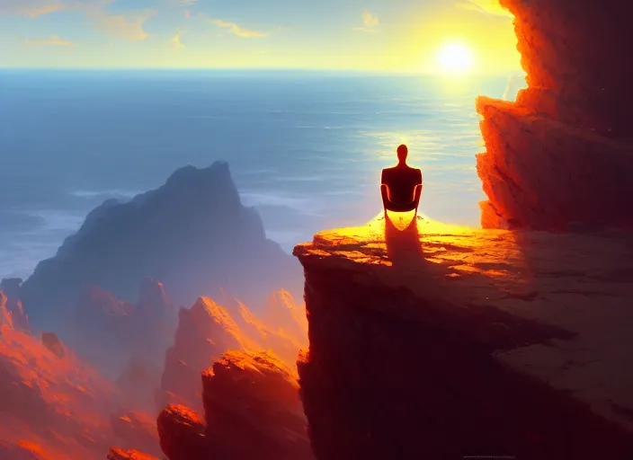 Prompt: a man sitting on a cliff watching the sun explode, painting, digital art, harsh lighting, 4 k hd wallpaper, trending on art station, art by greg rutkowski and andreas rocha 4 k