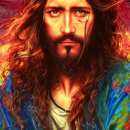 Image similar to UHD photo portrait of a Jesus skateboarding , stoner rock, extremely detailed, 8k, cinematic lighting, in the style of Amano and Ayami Kojima, with vivid colors and rich composition