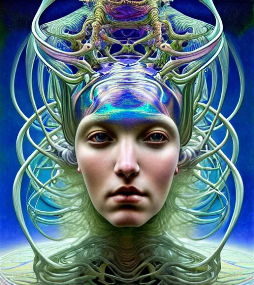 Prompt: detailed iridescent realistic beautiful young biopunk queen of andromeda galaxy in full regal attire. face portrait. art nouveau, symbolist, visionary, baroque, giant fractal details. horizontal symmetry by zdzisław beksinski, iris van herpen, raymond swanland and alphonse mucha. highly detailed, hyper - real, beautiful