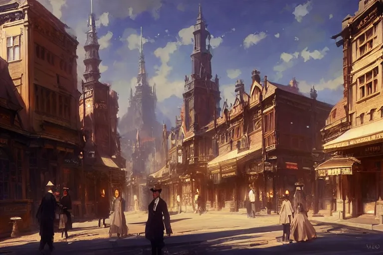 Image similar to an victorian city, scene in the sun. 1 8 9 0, key visual, conceptart, ambient lighting, highly detailed, digital painting, artstation, concept art, sharp focus, by makoto shinkai and akihiko yoshida and greg manchess