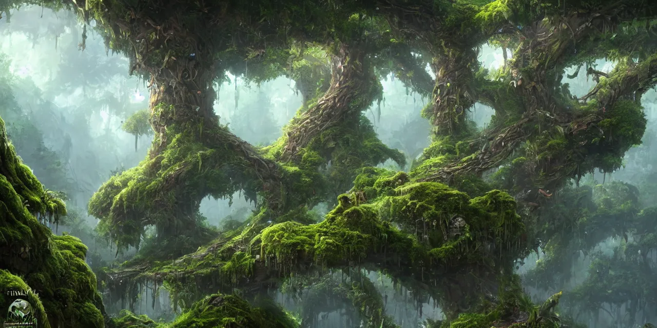 Prompt: a hyper realistic detailed concept art of a floating gigantic tree in the middle surrounding floating mountains megastructure overgrown moss and vine of trees, by tyler edlin fantasy art, 4 k ultra realistic, cgsociety, dynamic volumetric cinematic lighting, trending on artstation
