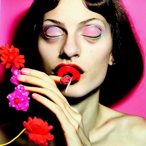 Image similar to a studio close - up portrait of a a fashion model smelling a plastic toy flower. surreal photograph, lo - fi, polished look, silly and serious, hermes ad, fashion photography, toiletpaper magazine by pierpaolo ferrari and maurizio cattelan, 3 5 mm photograph, colourful, by pierpaolo ferrari, maurizio cattelan, david lachapelle