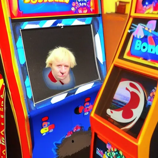 Prompt: an arcade whack a mole game with moles that look like boris johnson,