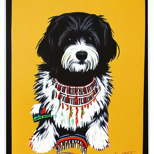 Prompt: tlingit haida lithograph, portrait of havanese dog, simplified forms, multiple colors, print by tristan - wolf reg davidson clifton guthrie maynard johnny jr.