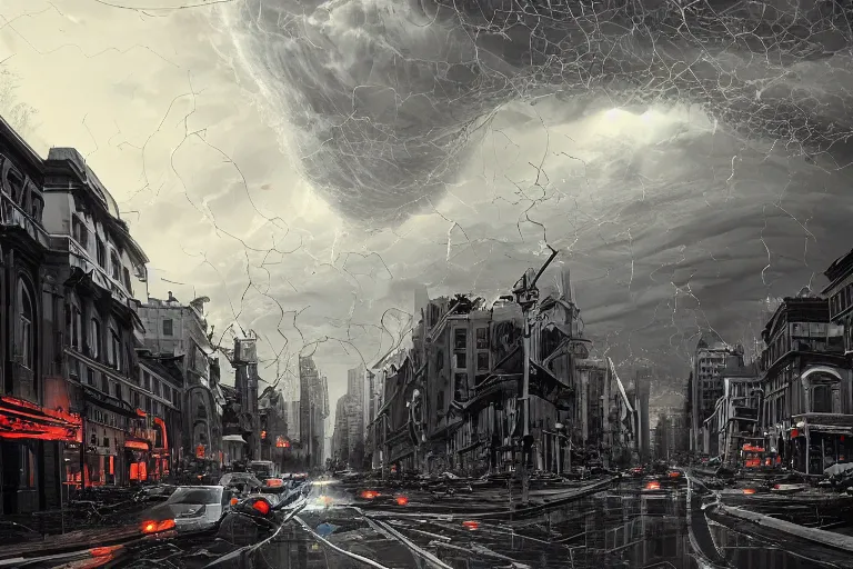 Image similar to wide angle street view of monstrous tornado with creeping tendrils looming above the city, flying debris, night, rain puddles, backlit, sprites, high contrast, artstation