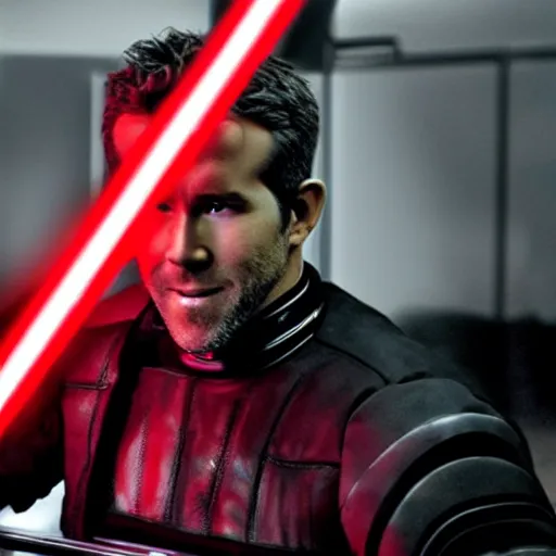 Image similar to ryan reynolds in a wheelchair holding a red lightsaber, good lighting,