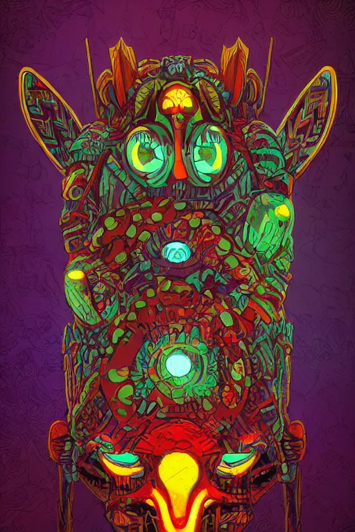 Image similar to totem animal tribal chaman vodoo mask feather gemstone plant wood rock video game illustration vivid color borderlands by josan gonzales and dan mumford radiating a glowing aura global illumination ray tracing