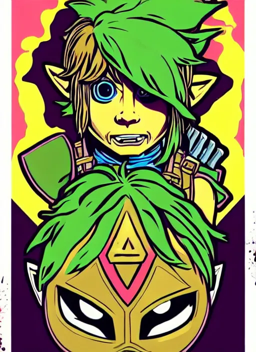 Prompt: majoras mask link from zelda!! portrait illustration, pop art, splash painting, art by geof darrow, ashley wood, alphonse mucha, makoto shinkai