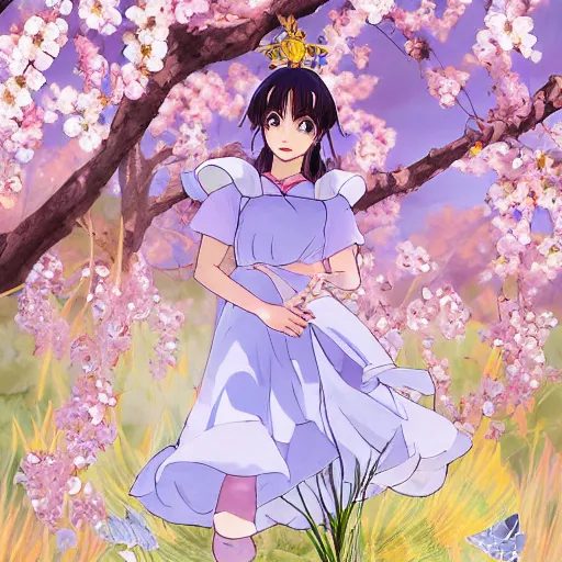 Image similar to Sakura from Cardcaptor Sakura walks around in a short summer dress among endemic plants and snags in a long transparent flowing dress and meets mystical animals, mystical insects, mystical birds, lizards, gorgeous, intricate, in the style of Jin Kagetsu, James Jean and wlop, Valentin Serov style, hyperrealistic, sharp focus, intricate concept art, digital painting, ambient lighting, 4k, hdt, artstation trending on Gsociety, trending on ArtstationHQ, trending on deviantart, professionally post-processed, wide-angle action dynamic portraithyperdetailed, hyper quality, 16K