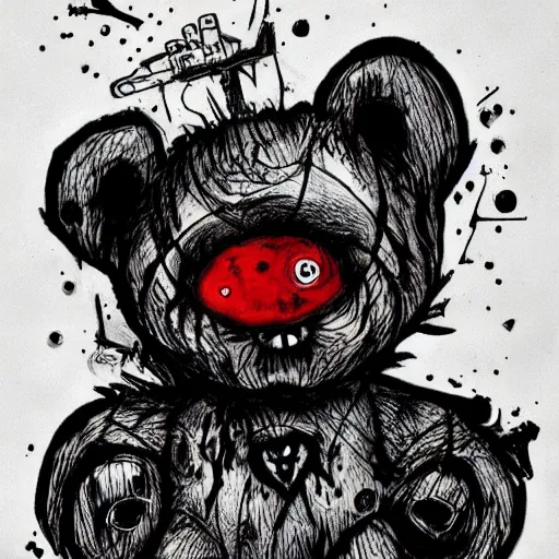 Image similar to dark art cartoon drawing of a teddy bear with bloody eyes by - loony toons style, horror theme, detailed, elegant, intricate