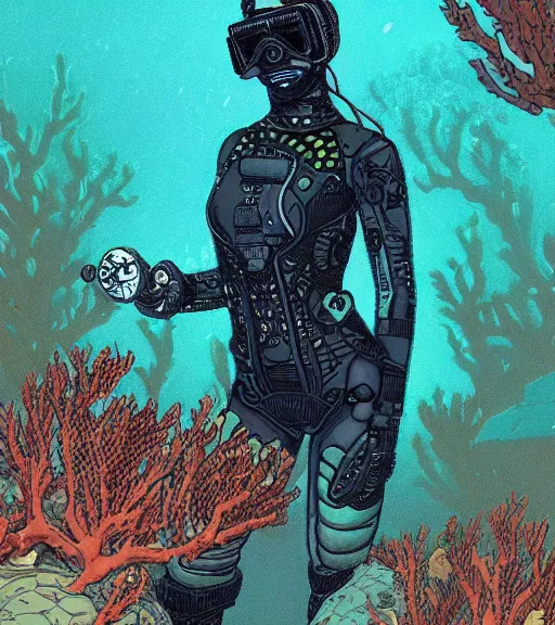 Image similar to a cyberpunk diver Polynesian woman swims through a dark bioluminescent alien coral reef, techwear, Industrial Scifi, detailed illustration, character portrait, by Martin Grip and Moebius