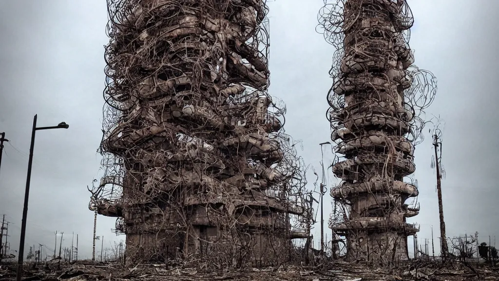 Image similar to bio-organic fleshy detailed machine tower! with tendrils!! and one eyeball!!! at the top, looking over a stormy post-apocalyptic wasteland, dystopian art, wide lens