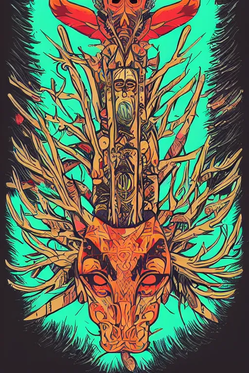 Image similar to animal mask totem roots flower tribal feather gemstone plant wood rock shaman vodoo video game vector cutout illustration vivid multicolor borderlands comics by josan gonzales and dan mumford radiating a glowing aura