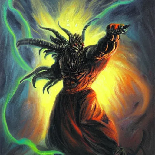 Image similar to balrog of morgoth oil painting, ethereal