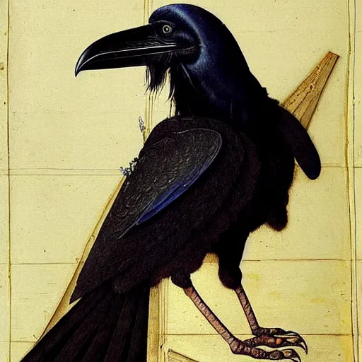 Image similar to a highly detailed painting of a raven dressed as an elegant tudor gentleman by hans holbein