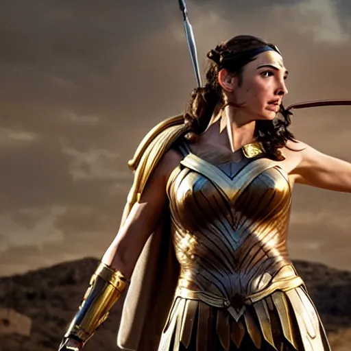 Prompt: the greek goddess athena in battle, scene from live action movie, starring gal gadot