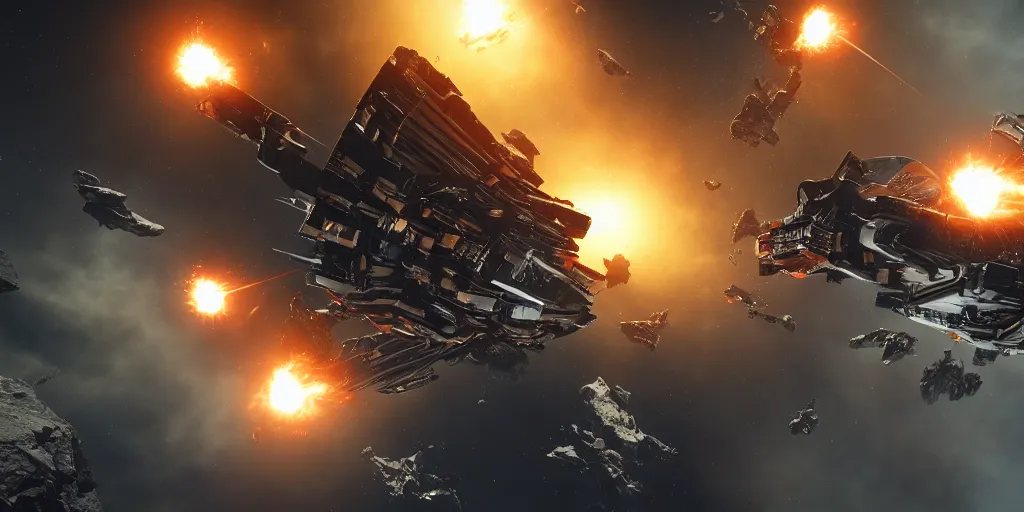 Image similar to dramtic spacecraft battle scene, sci-fi movie shot, ultra detailed, octane render, laser fire and explosions, trending on artstation, 4k