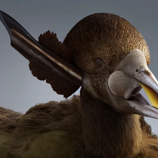 Image similar to realistic portrait of an dodo with an axe in the beak, fantasy book, high detail, 8 k, octane render painting, dark fantasy