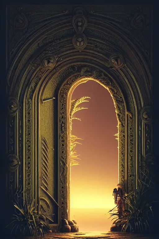 Image similar to ornate doorway to a monolith in a desert lush vegetation, warm tones, night, water reflection : : by michal karcz, daniel merriam, victo ngai and guillermo del toro : : ornate, dynamic, particulate, intricate, elegant, highly detailed, centered, artstation, smooth, sharp focus, octane render, 3 d