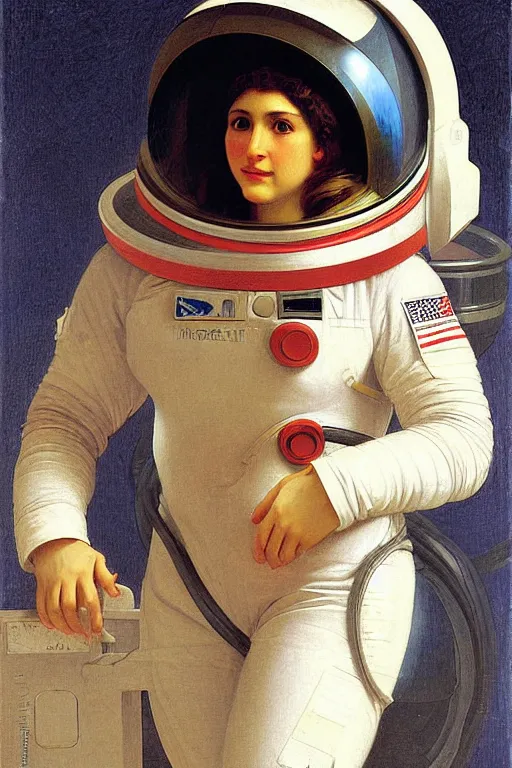 Prompt: a portrait of a female astronaut, wearing a spacesuit and helmet, by bouguereau