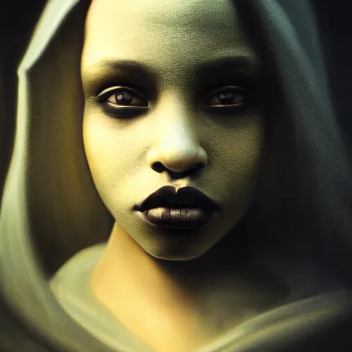 Image similar to a portrait of a young black woman wearing a long dark cloak, hood and shadows covering face, anatomically correct, beautiful perfect face, enigmatic, oil painting, matte painting, black background, Volumetric dynamic lighting, Highly Detailed, Cinematic Lighting, Unreal Engine, 8k, HD, by Beksinski