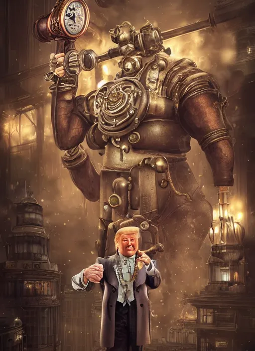 Prompt: steampunk bioshock donald trump is a muscular bodybuilder, au naturel, hyper detailed, digital art, trending in artstation, cinematic lighting, studio quality, smooth render, unreal engine 5 rendered, octane rendered, art style by klimt and nixeu and ian sprigger and wlop and krenz cushart.