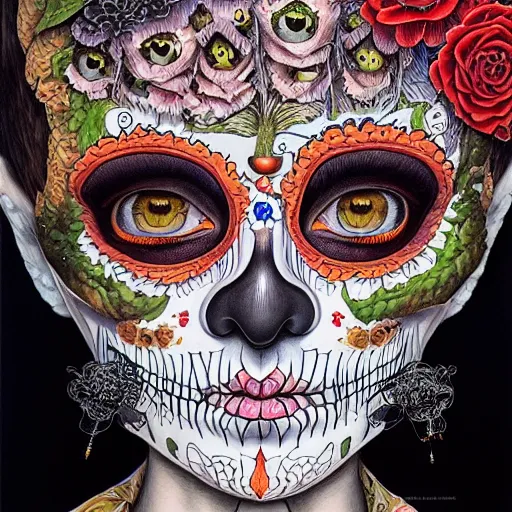 Image similar to beautiful portrait painted in jacek yerka and aykut aydogdu style drawn by vania zouravliov and takato yamamoto, inspired by dia de los muertos, intricate acrylic gouache painting, high detail, sharp high detail, artstation, manga and anime