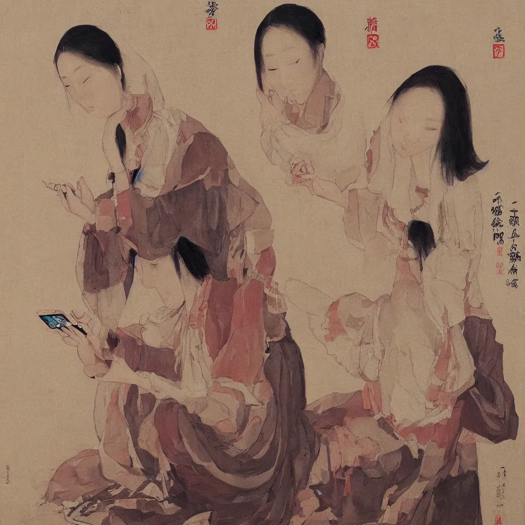 Image similar to i, a beautiful woman playing her iphone, by qibaishi