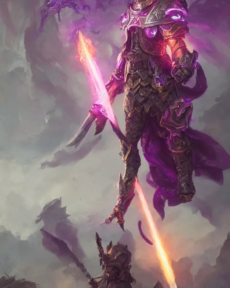 Prompt: portrait of fantasy paladin wielding a sword with purple flames, intricate baroque armour, glowing aura, trending on artstation, 4 k, greg rutkowski, concept art, matte painting