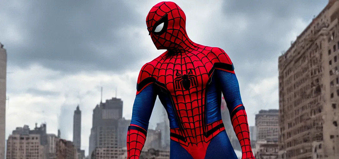 Prompt: Gigachad Spider-Man unmasked, film still, wide-shot, full shot, cinematic lens, heroic portrait