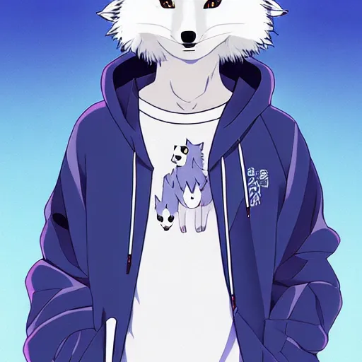 Prompt: key anime visual portrait of an anthropomorphic arctic fox fursona in a hoodie, handsome, official modern anime art