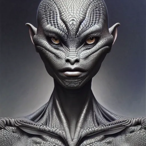 Image similar to ultra realist soft painting of a single attractive alien female, black scales, symmetry accurate features, very intricate details, focus, curvy, artstyle hiraku tanaka and craig mullins, award winning