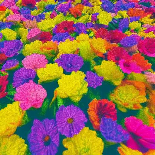 Image similar to Millions of colorful flowers blossoming, climax, overwhelming, brilliant, surreal, cinematic, epic, 8k, sharp focus, color grain 35mm, tilt-shift, dslr