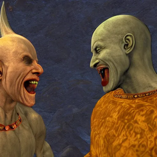 Image similar to vivec laughing as he betrays nerevar, fresco