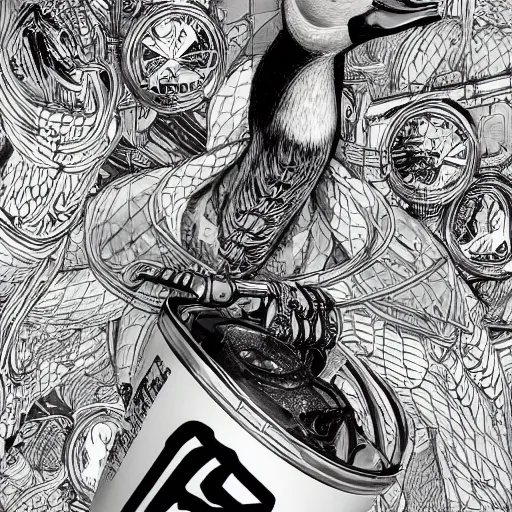 Image similar to duck drinks energy drink monster energy, elegant, sophisticated, fashionable cyberpunk gravure idol, an ultrafine hyperdetailed illustration by kim jung gi, irakli nadar, intricate linework, bright colors, porcelain skin, unreal engine 5 highly rendered, fashion photography, global illumination, radiant light, detailed and intricate environment