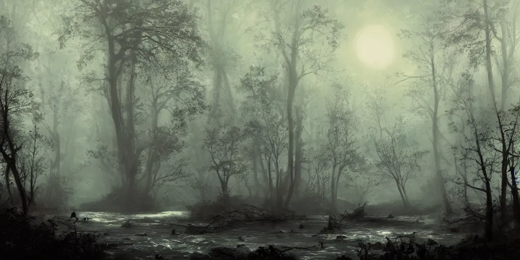 Image similar to [ a dark scene of a dense forest at night with a gentle stream through it, moonlight through trees, volumetric light and mist, fog, a dead fallen tree lays in the water ], andreas achenbach, artgerm, mikko lagerstedt, zack snyder, tokujin yoshioka