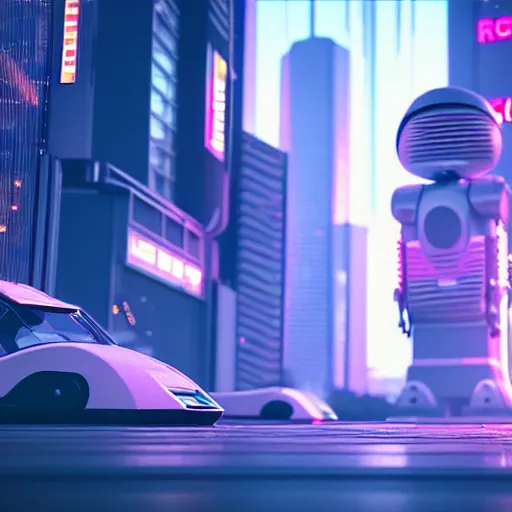 Image similar to a cute big robots life in cyberpunk city. super realistic 8 k render of a elegant, cinematic composition