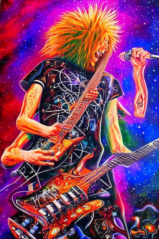 Image similar to beautiful detailed acrylic painting of a psychedelic and hardcore dave munstaine play music in the cosmos