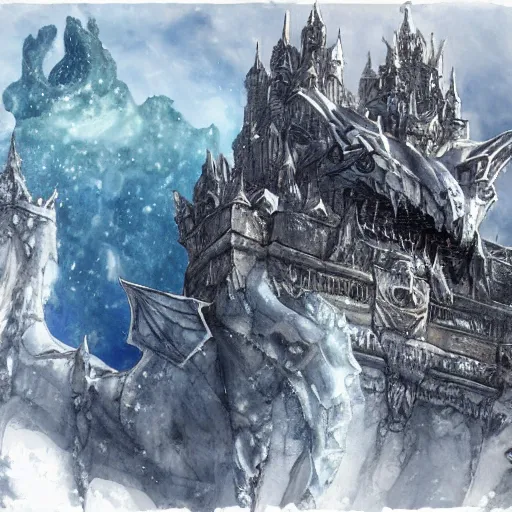 Image similar to highly detailed ice castle floating high above the ground being circled by a small white ice dragon, drawn by Yoji Shinkawa, water color, Dungeons and Dragons, Wizards of the Coast