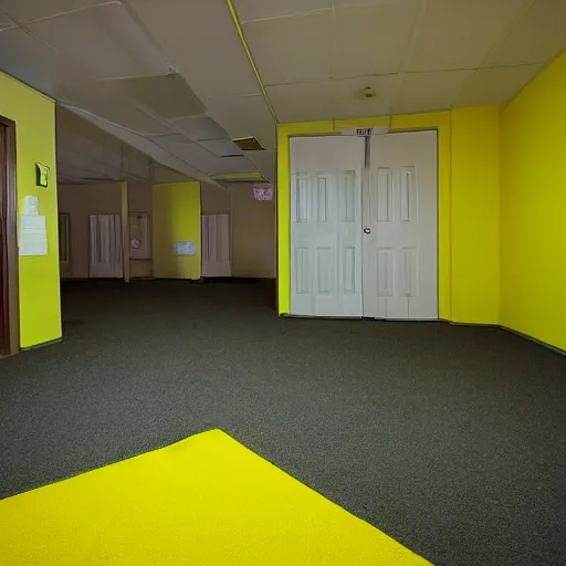 Image similar to a strange room with a yellow wallpaper, fluorescent lights, and a yellow moist carpet, eerie, liminal space, grainy footage, first person,