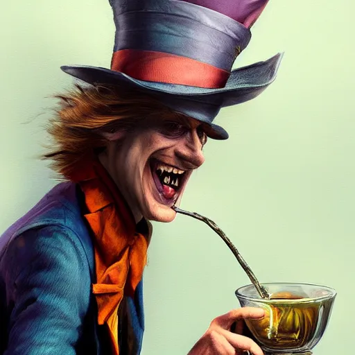 Image similar to the mad hatter, wearing shades, drinking tea, by Viktor Antonov,, greg rutkowski, fantasy, D&D, trending on artstation, smooth, sharp focus